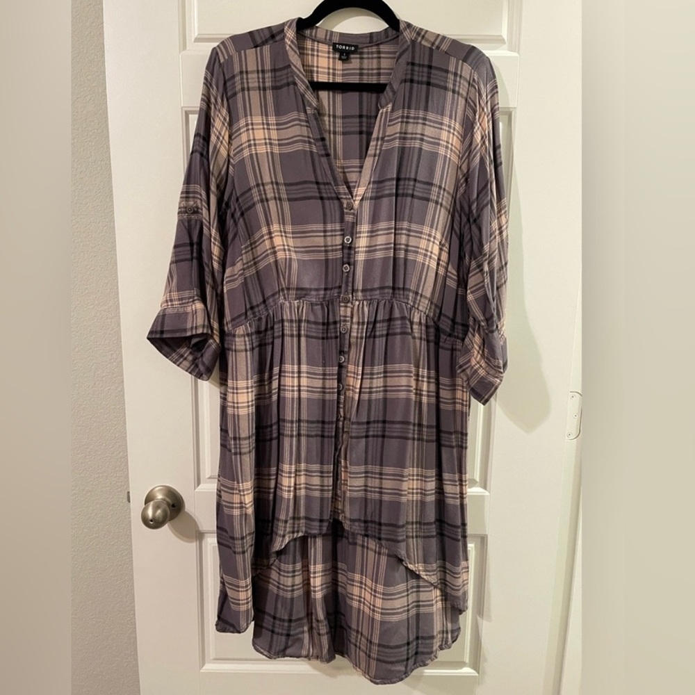 Torrid Plaid Babydoll Tunic Top with 3/4 Sleeves, Size 1